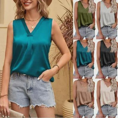 2025 Women's European & American V-Neck Satin Sleeveless Casual Vest