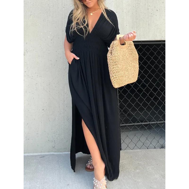 Summer V-neck Batwing Sleeve Elastic Waist Split Long Dress