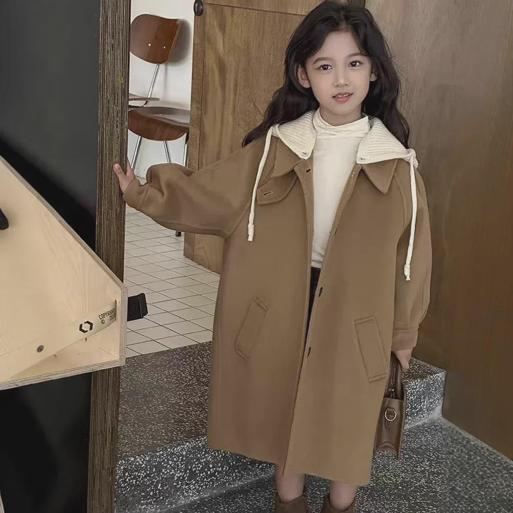 "2024 Girls' Medium/Large Woolen Winter Coat: Korean-Style Loose Cardigan Windbreaker"