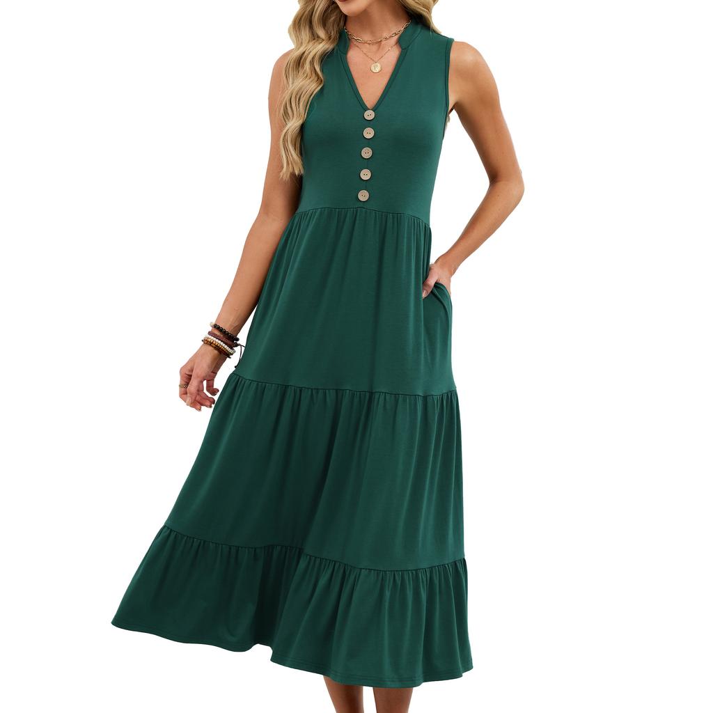 European Style Spring and Summer Solid Color V-Neck Button Casual Sleeveless Tank Maxi Dress