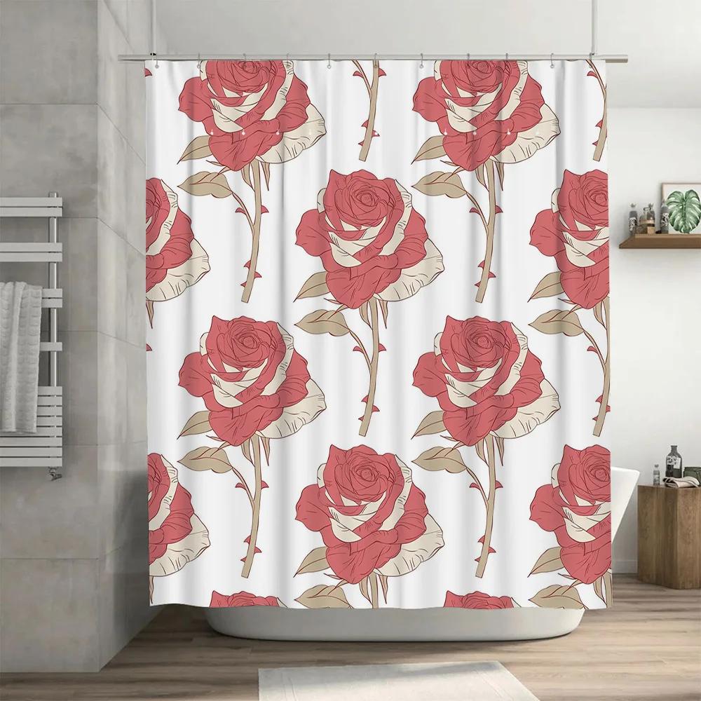 Red Rose Bath Curtain Decorative Fabric Shower Curtains for Home Bathroom Pink Floral Pattern Waterproof Washable Custom