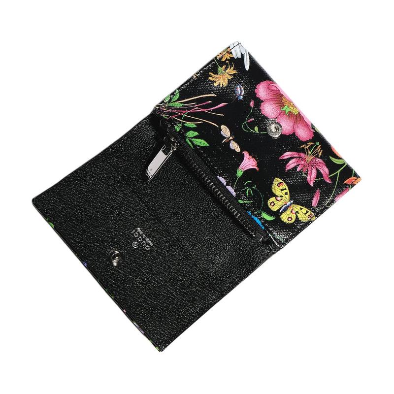 Gucci Flora floral pattern snap closure coated canvas card holder small women's black with multicolor