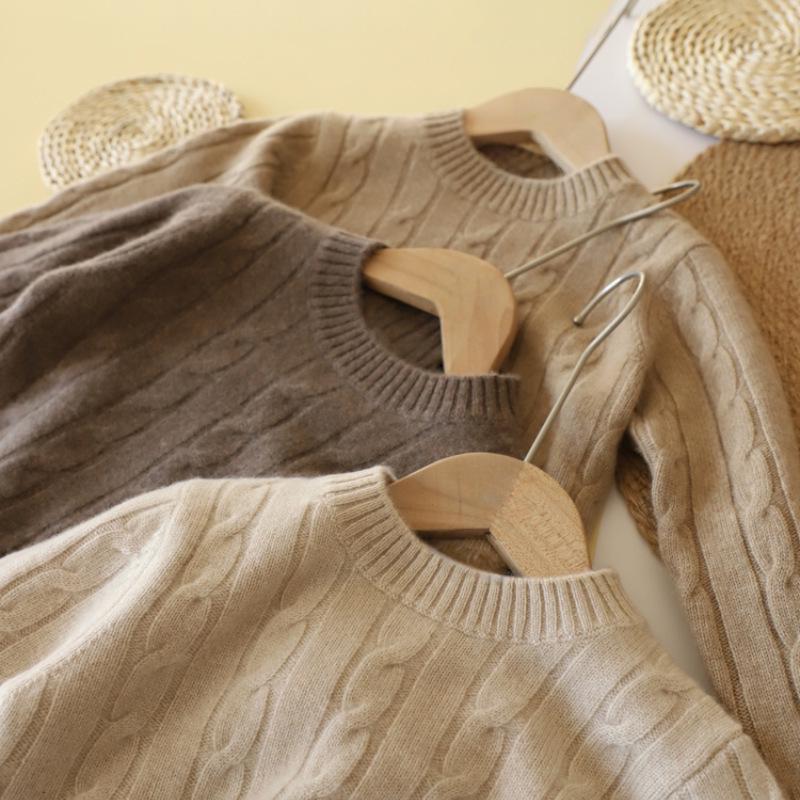 Unisex Children's Wool Sweater, Autumn/Winter 2025 - Solid Color Cable Knit Pullover with Round Neck