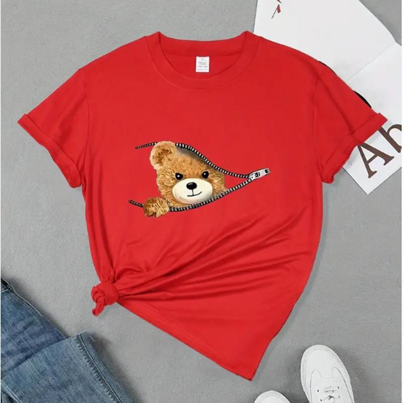 

Футболка з принтом ведмедя з коротким рукавом і круглим вирізом, повсякденний топ для літа та весни Жіночий одяг 6XL