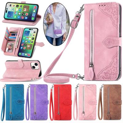 Crossbody Embossing Wallet Multi Card Slot Flip Zip Kožené pouzdro pro iPhone 15 14Plus 13 12 11Pro Max pro Samsung S24 S23 S22 S21Ultra Plus A15 A25