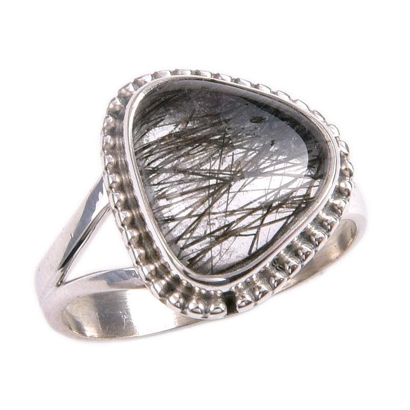 Natural Black Rutile Gemstone 925 Solid Sterling Silver Jewelry Ring Size 6 u0T65
