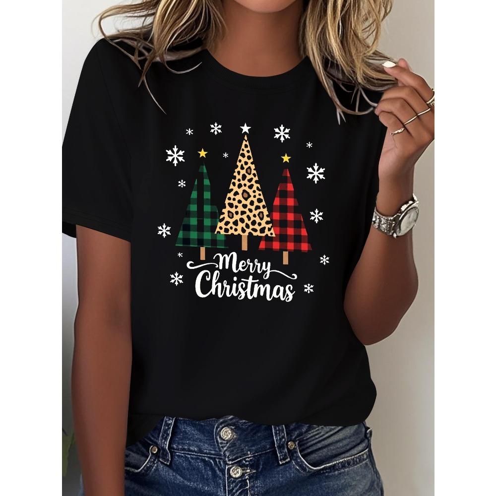 Ladies Christmas Tree Print T-Shirt - Perfect for Holiday Parties and Everyday Wear