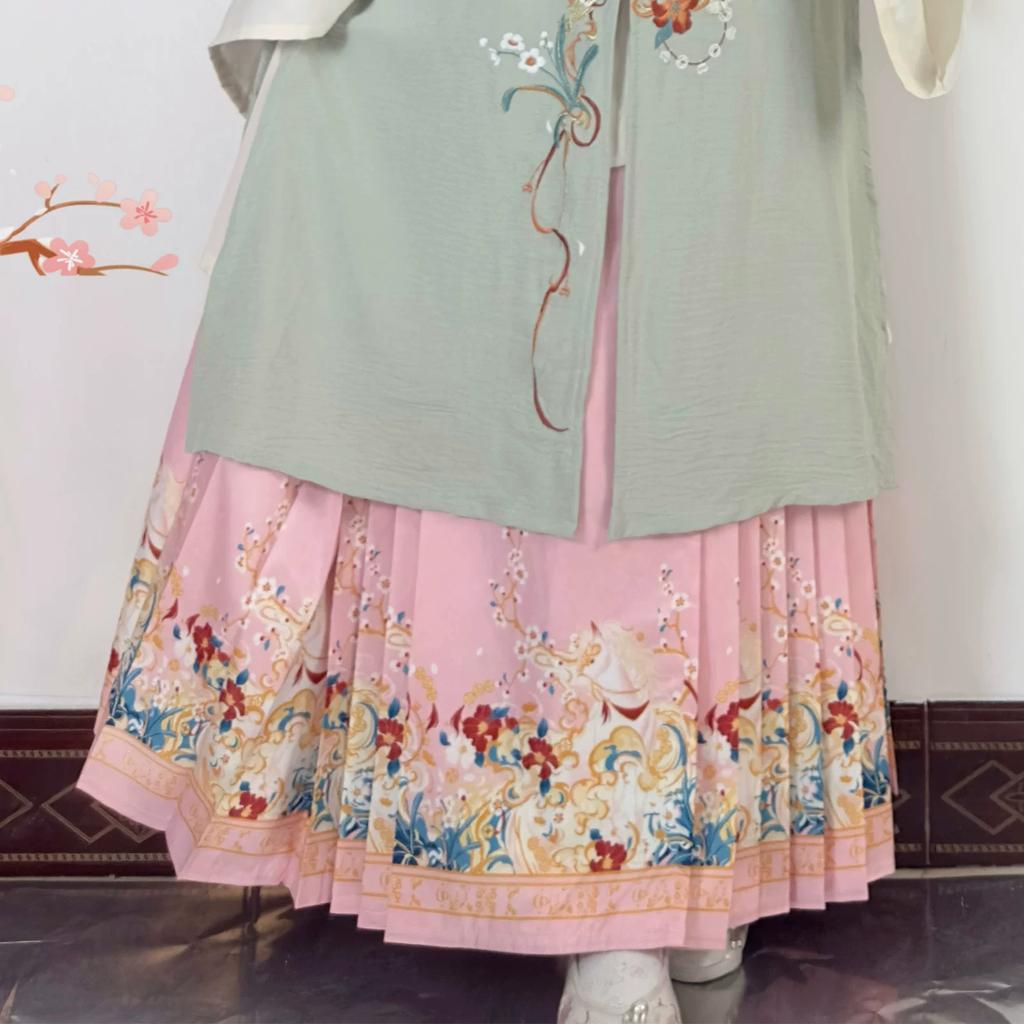 Women's Ming Dynasty Hanfu Set - Traditional Chinese Stand Collar Long Shirt, Embroidered Vest & Floral Mamian Skirt For Cosplay Festival