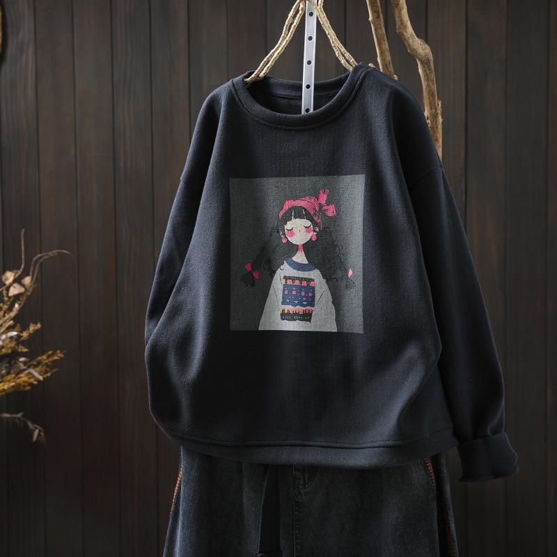 2025 Autumn/Winter Women's Printed Black Thickened Cropped Loose Velvet Pullover