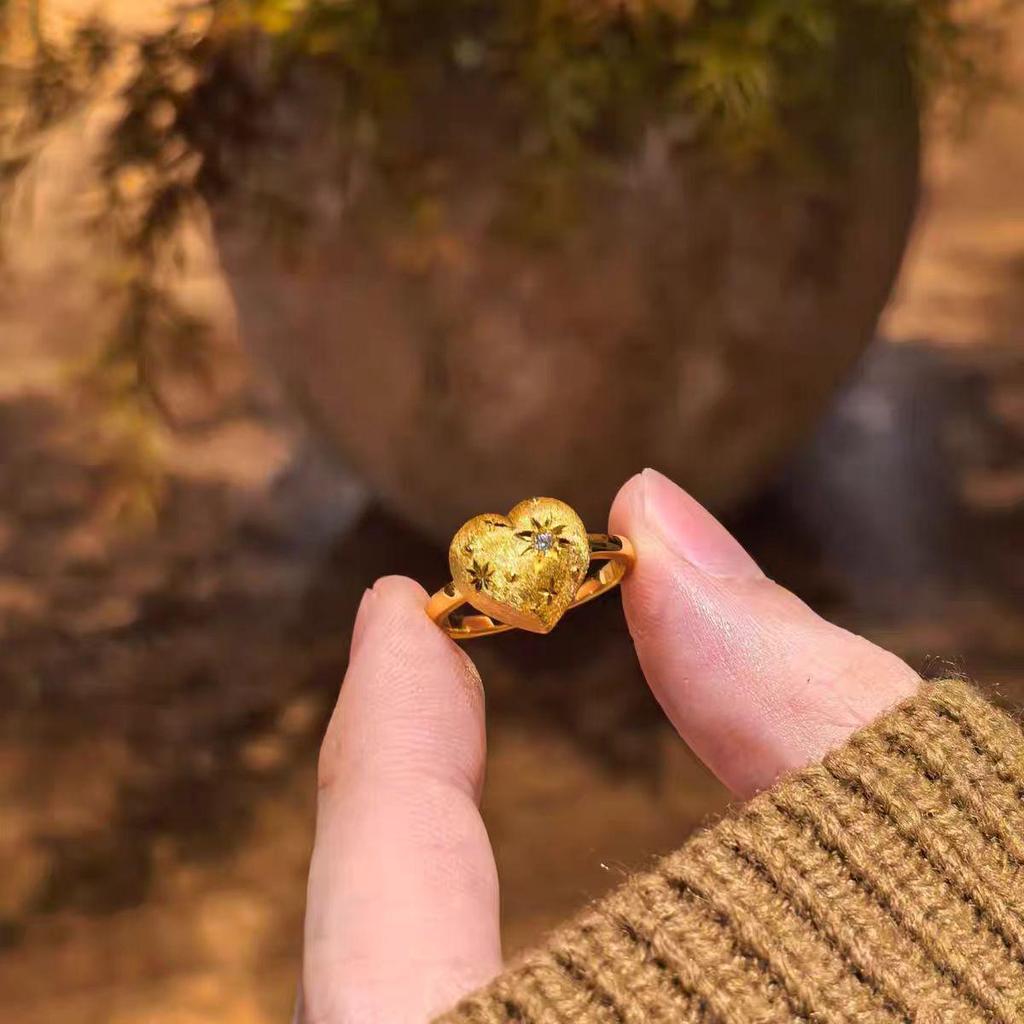 Anel de Coração de Amor e Explosão Estelar Dourado Escovado Vietnamita, Design de Girassol e Flor Gesang, Joia Elegante Feminina