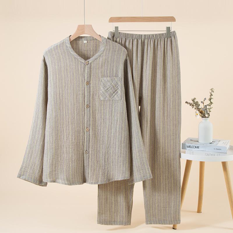 10 pure cotton double-layer gauze pleated texture couple long-sleeved pajamas loungewear plain and elegant leisurely set