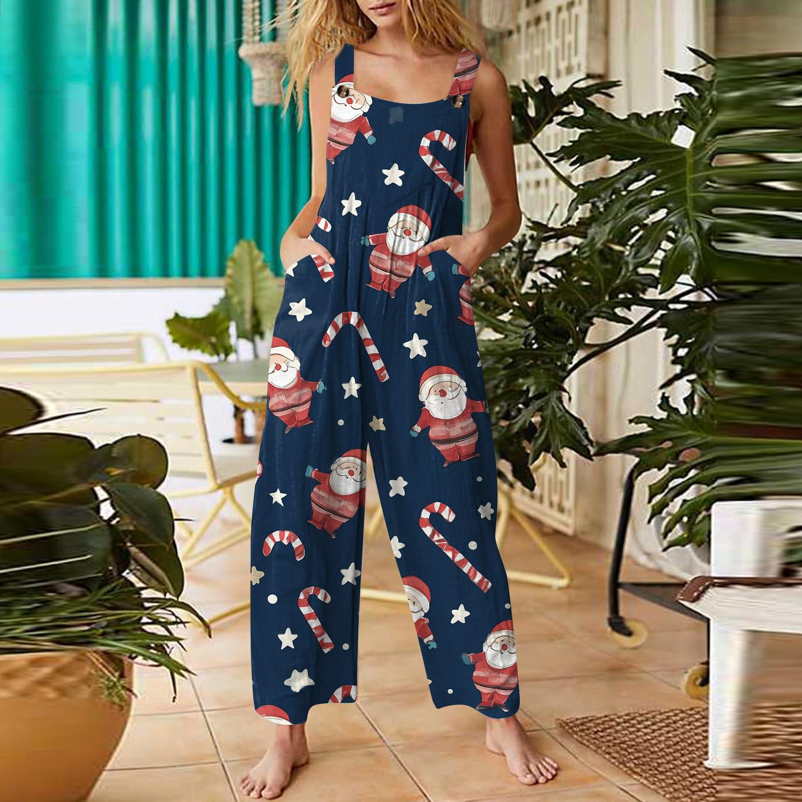 

Женский повседневный комбинезон без рукавов с рождественским принтом из хлопка M синий