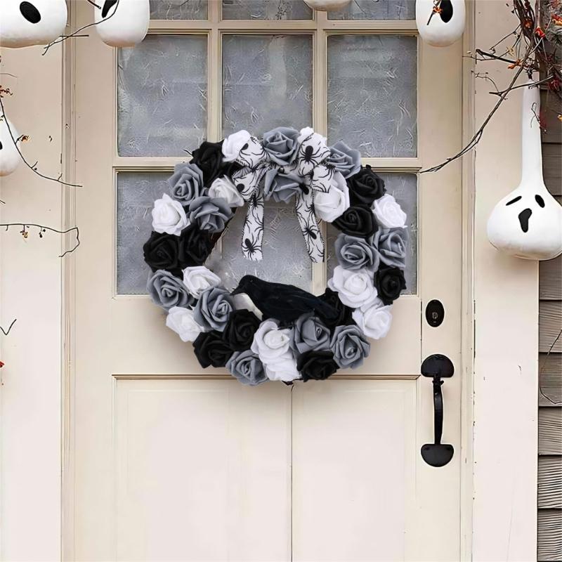 Black and White Rose Crow Front Door Wreath Halloween Decorative Wreath For Home Party Festival Porch Decoration