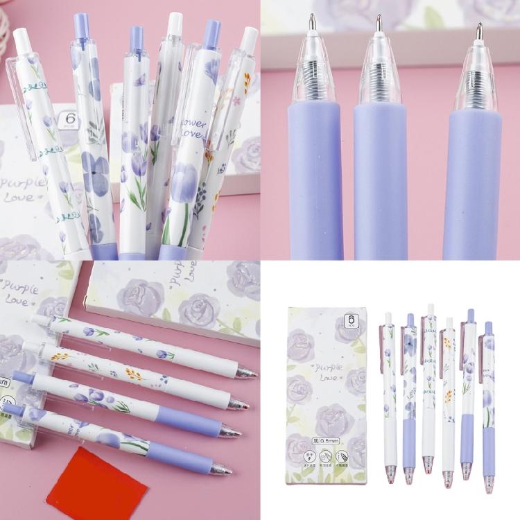 6Pieces Retractable Flower Print Gel Pen 0.5MM Quick Drying Smooth Writing for Writing Noting Journaling Office Supplies