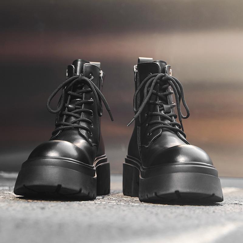 New Men'S Shoes Spring And Autumn Casual Big Head Leather Boots Thick Sole Heightening High Top Leather Shoes Martin Boots 22317-J