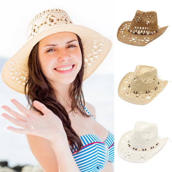 Straw Cowboy Hat for Men Women Western Cowgirl Hat with Shapable Brim Woven Hollow Out Beach Coastal Sun Hat