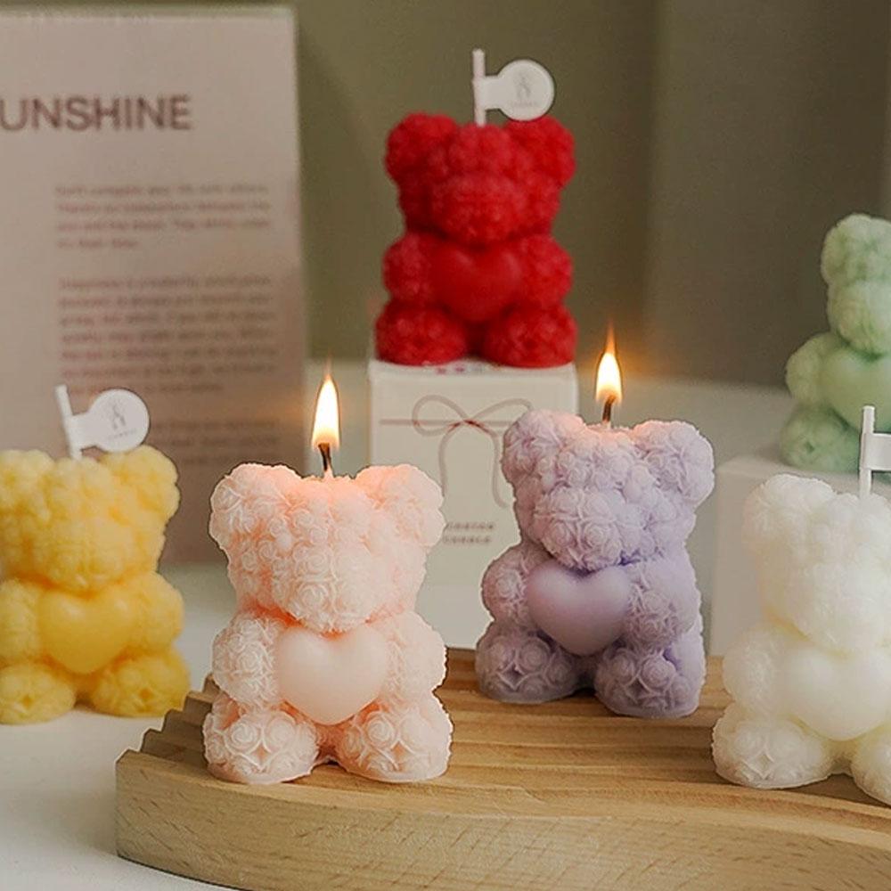 Romantic Rose Love Bear Silicone Candle Mold Flower Rabbit Plaster Doll Making Tool Heart Bunny Wedding Party Decor  Bride Gifts