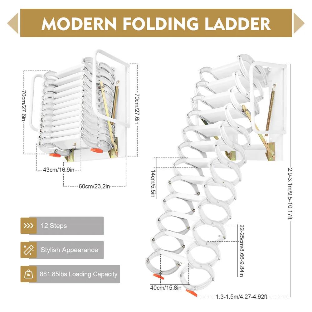 12 Steps Wall-mounted Non-slip Telescopic Extension Folding Ladder 881.85 Lbs Capacity Al-mg Alloy Multi Purpose With Handrails