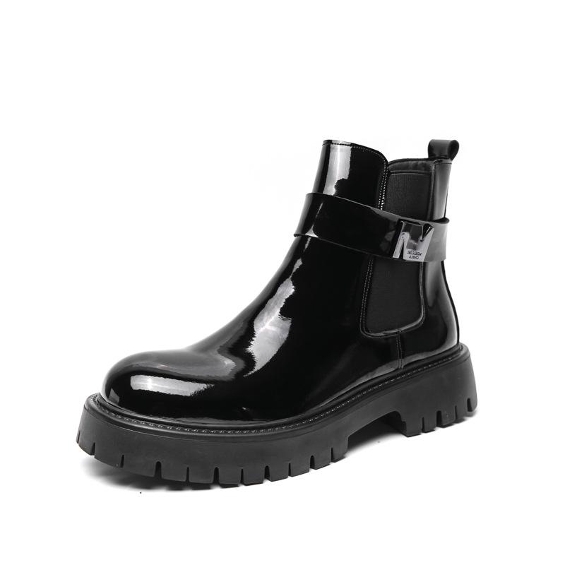 Men's Shiny Round Toe High Top Chelsea Boots with Zipper & Thick Sole - Autumn/Winter Fashion, British Motorcycle Style, Dr. Martens Inspired.