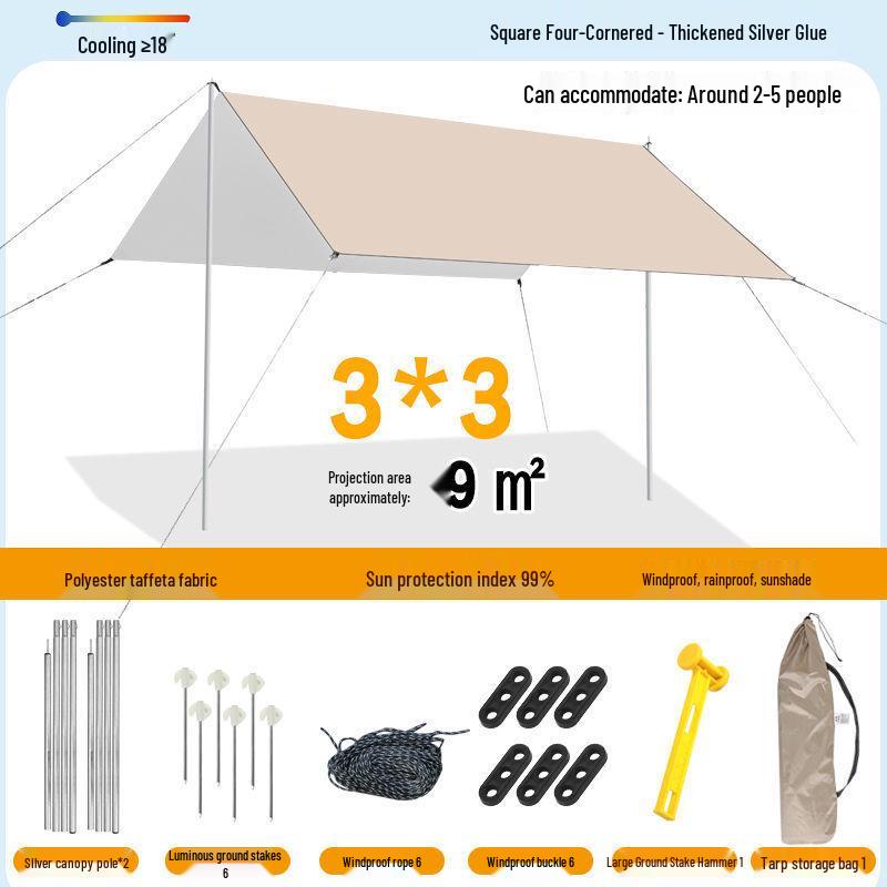 Pogrubiony Namiot Zadaszenie Zewnętrzne - Czarno-Srebrny Klej Osłona Przeciwsłoneczna na Piknik, Kemping, Grill i Ochrona przed Deszczem.