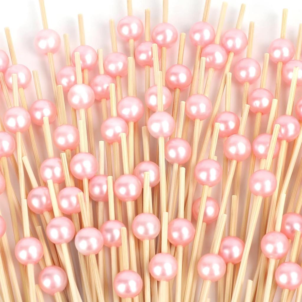 200PCS Cocktail Picks, Pink Pearl Decorative Toothpicks for Appetizers Drinks Fruit Food, 4.7 Inch Long Fancy Bamboo Skewers Wooden Charcuterie