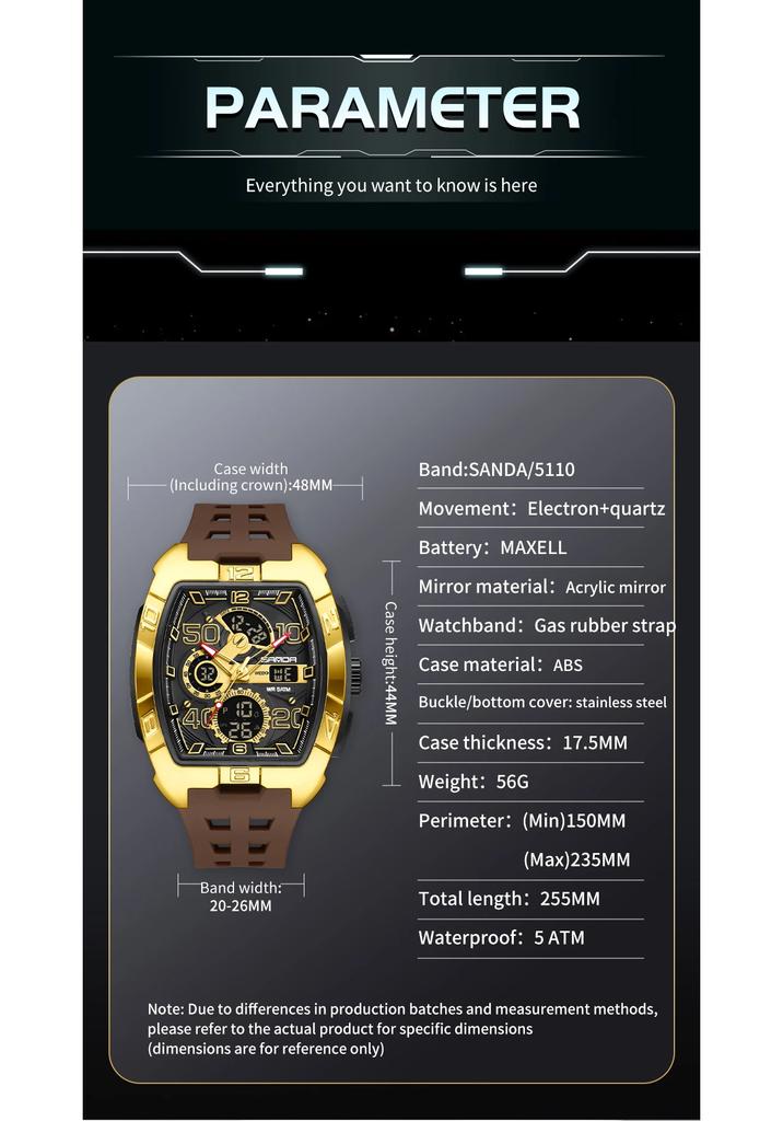 SANDA 5110 New Men's Outdoor Multifunctional Electronic Quartz Watch 5ATM Waterproof Night Light Countdown Stopwatch Alarm Clock