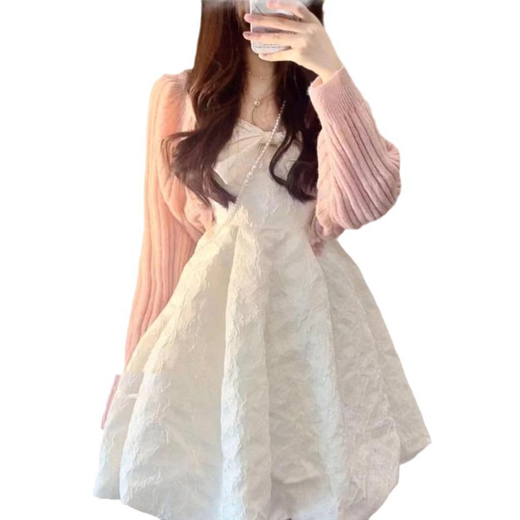 Elegant White Pearl Suspender Dress: French-Inspired Sweetheart Waist Princess Style