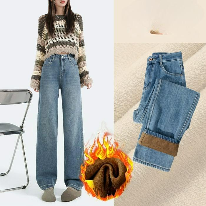 Jeans Women's Autumn and Winter Plus Velvet Pants, Small, High Waist, Thin, Narrow, Straight, Wide-leg Mopping Pants