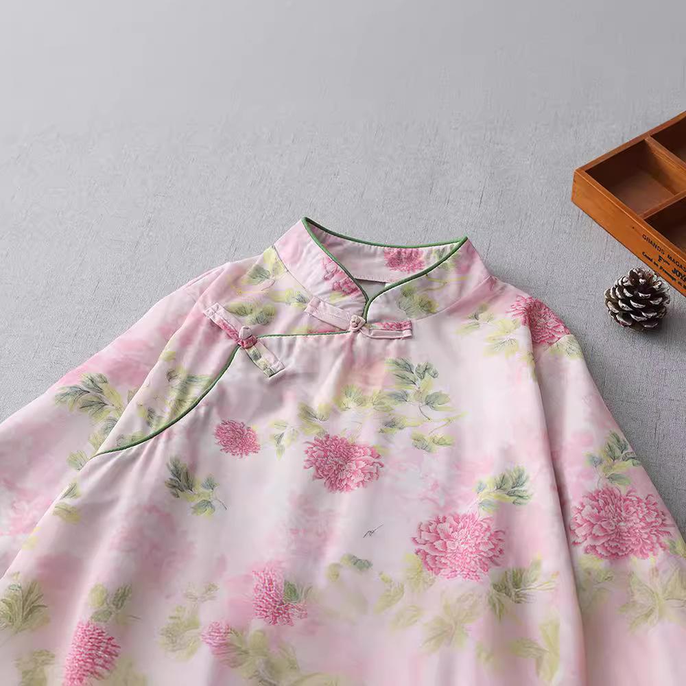 National style new Chinese women's cheongsam dress women's retro printing stand-up collar diagonal placket buckle horn sleeve long dress