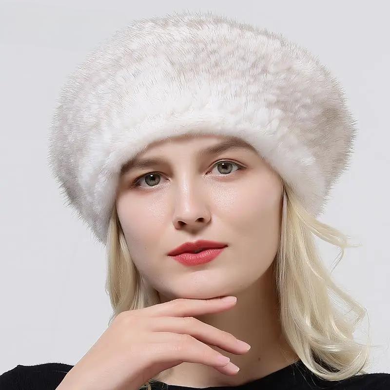 Woman Winter Berets Hat Knitted Natural Mink Fur Warm Genuine Fur Hats Female Headwear