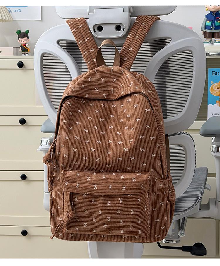 Schoolbag Corduroy Bow Junior High School Student School Bag Women's Large Capacity Versatile Backpack Japanese Burden Reduction Travel Backpack