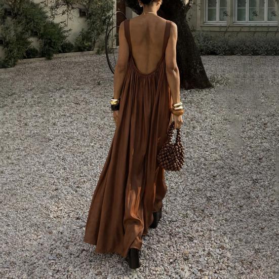 Women Summer Dress Sleeveless Spaghetti Strap Pleated Maxi Dress Beach Vacation Loose Flowy Sundress