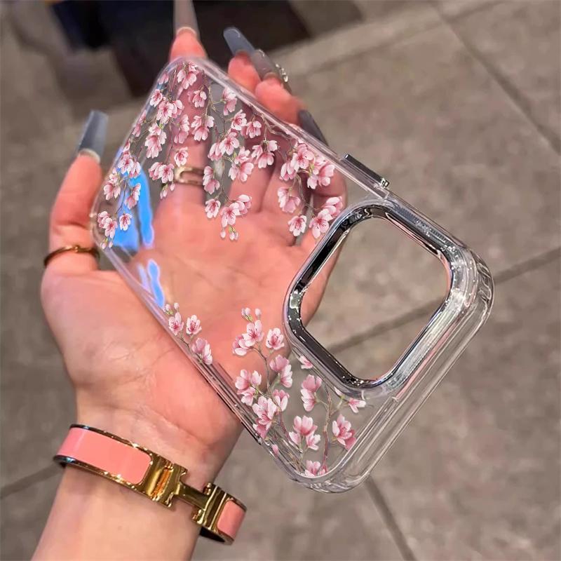 

Phone Case For iPhone 13 11 15 14 12 16 Pro Max 16e 17 Pro 17 Air XR XS X 7 8 Plus Soft Flower Pattern Silver Lens Frame Cover iPhone 7