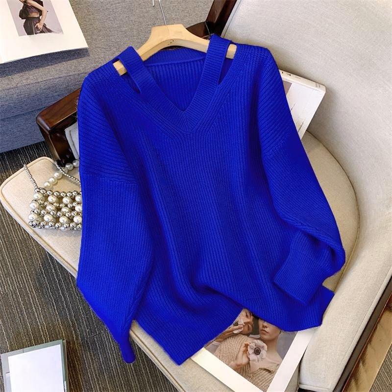 Women Lazy Style Loose Knit Pullover Off Shoulder V Neck Slant Neck Sweater Spring Autumn Plus Size