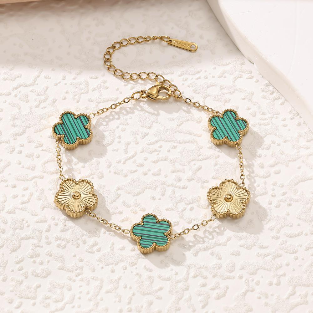 Gold Inlaid Mother-of-Pearl Five-Petal Flower Titanium Steel Bracelet