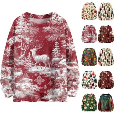Damenmode Lässig Langarm Weihnachten Bedruckt Rundhals Strickoberteil