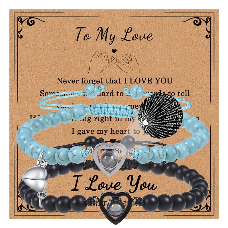 Bracciale con proiezione "Ti amo" in 100 lingue con pietra naturale smerigliata e turchese bianco per coppie
