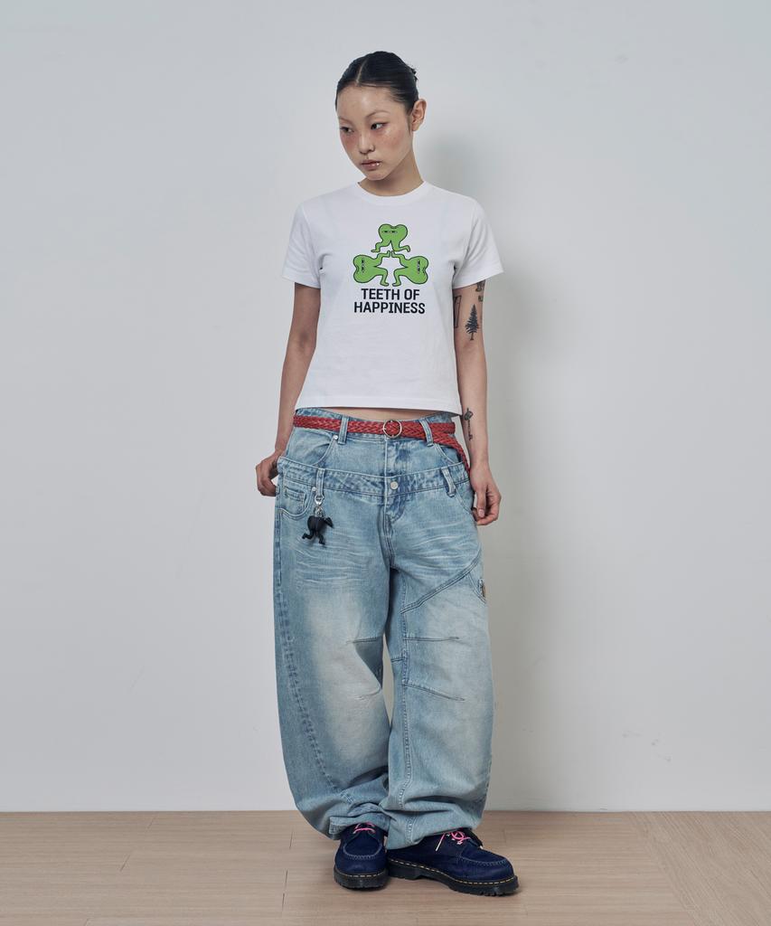 Lujeoseukeulleob Layered Leather Patch Curved Wide Denim Pants Light Blue