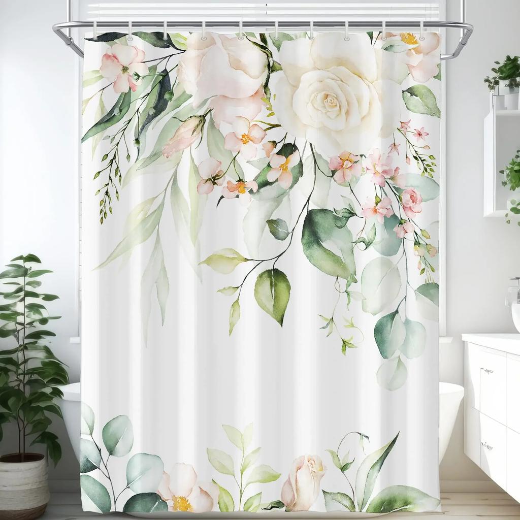 Elegant Floral Shower Curtain Set, Waterproof Fabric with Vibrant Blossoms for Romantic Bathroom Decor, Adds Garden Feel