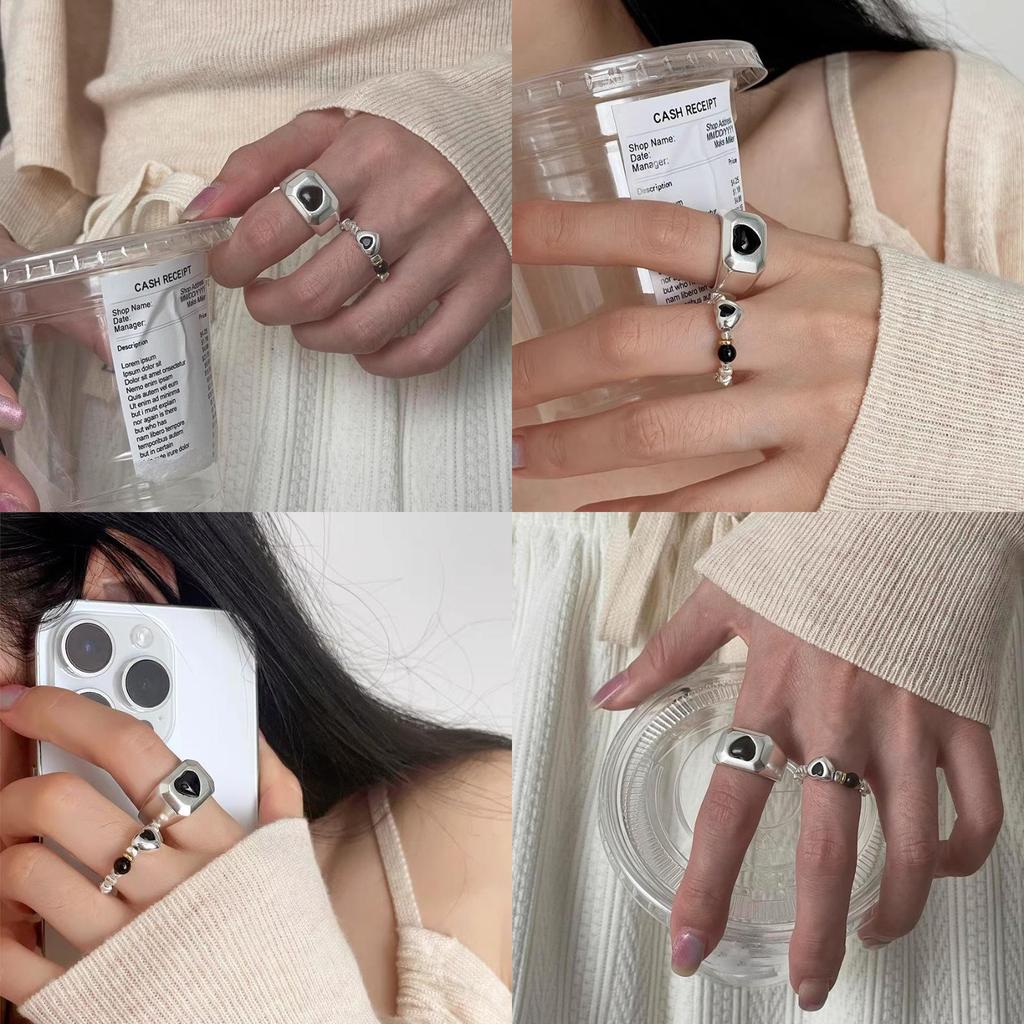 Stylish Black Agate Heart Ring For Women With Simple Elegant Design Adjustable Size
