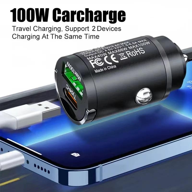 100W USB Car Charger Dual Ports Fast Charging Car Phone Charger QC 3.0 Type-C Charger In Car For iPhone Samsung Huawei