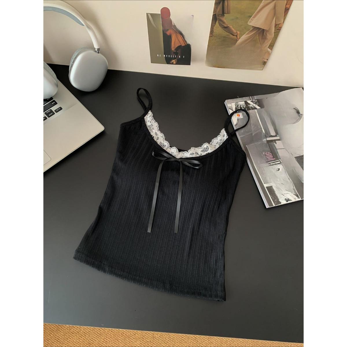 

Кружевная майка с полосками Pit Stripes, женская с нагрудными вкладышами внутри, тонкая рубашка с низом one size чёрный