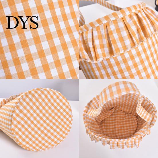 Versatile Household Storage Halloween Basket, Plaid Ruffle Trick or Treat Candy Bucket with Handle Easter Egg Hunt Carriers for Kids, Reusable Gingham