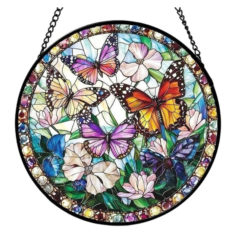 Stained Glass Sun Catcher Window Decors Window Display Glass Hanging Panel with Black Metal Frame, Stained Glass Accent with Chain for Home Accent Use