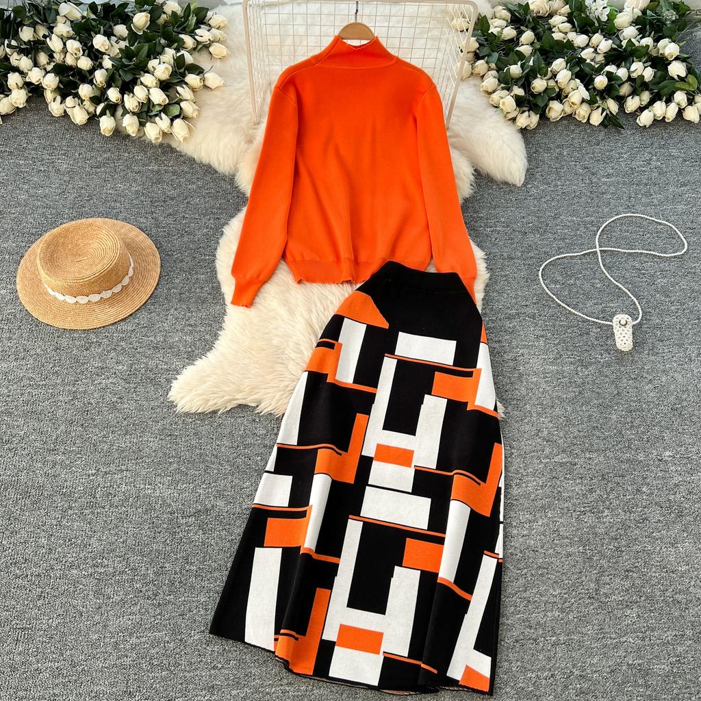 Høst Vinter Kvinner Elegant Strikket Genser Kontor Todelt Sett Ståkrage Pullover Topper og Lang Maxi Skjørt Dress