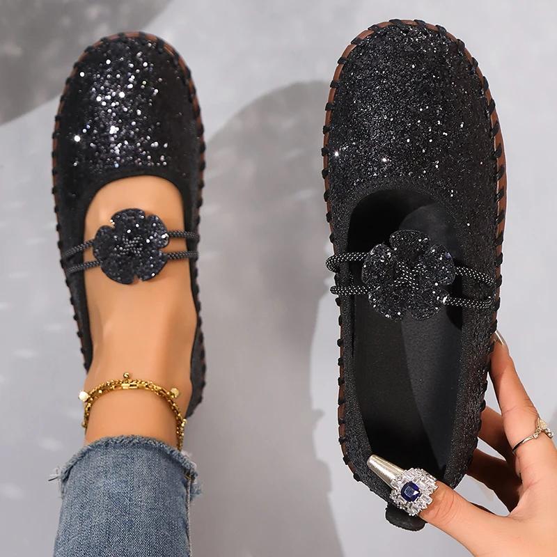 Fashion Women's Silver Shiny Sequin Decor Flats Summer Soft Sole Non Slip Casual Shoes Woman Plus Size Comfort Light Platform Loafers