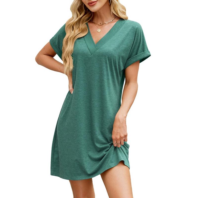 Women V-neck Loose Short Sleeve Dress