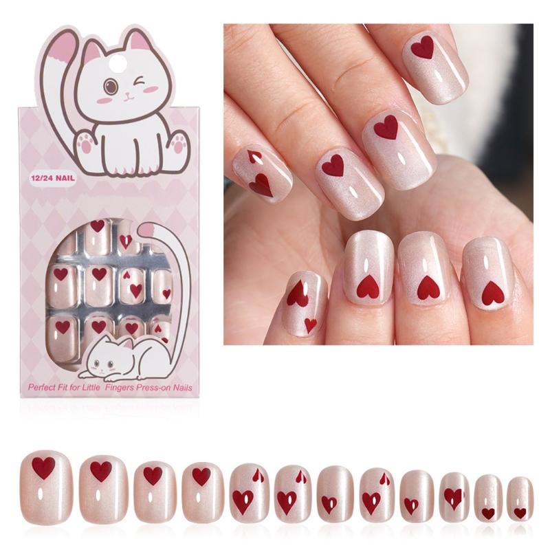 24Pcs Heart Design Short Square Press On Nail Cats Eye Glossy False Nail Easy To Apply And Remove 1