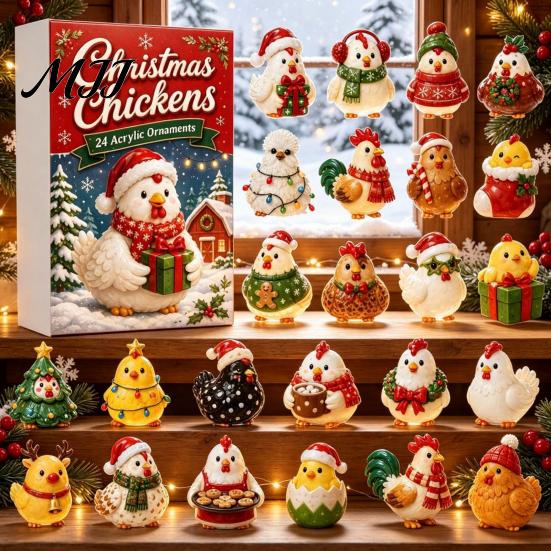 Christmas Countdown Calendar Set Chicken Advent 2026, 24 Unique 2D Acrylic Decorative Xmas Pendant Collection Ornaments, Cute Tree Decorations