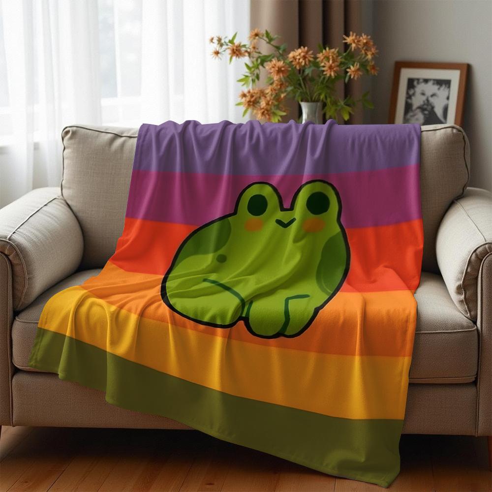 Rainbow Stripe Blush Frog Cartoon Anime Print Flannel Blanket Soft Warm Throw for Kids Bedroom Sofa Christmas Office Car